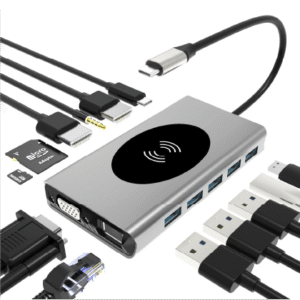 HUB USB-C 14 en 1 a 2 HDMI + VGA + RJ45 + AUDIO + MEMORY CARD + 3 USB 3.0 + 2 USB 2.0 + USB-C PARA CARGA + CARGADOR MAGNETICO 15W OTG