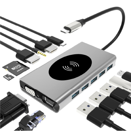 HUB USB-C 14 en 1 a 2 HDMI + VGA + RJ45 + AUDIO + MEMORY CARD + 3 USB 3.0 + 2 USB 2.0 + USB-C PARA CARGA + CARGADOR MAGNETICO 15W OTG